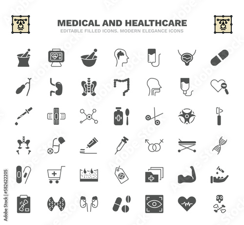 set of medical and healthcare filled icons. medical and healthcare glyph icons such as phary tool, medicines bowl, plasma, perfusion, syrup medicine bottle, medicine capsules, medical chain of dna,