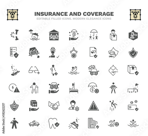 set of insurance and coverage filled icons. insurance and coverage glyph icons such as fracture, family house, life insurance, education sinking, elderly, total loss, disaster, dental vector.