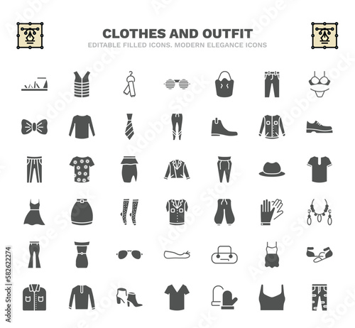 set of clothes and outfit filled icons. clothes and outfit glyph icons such as gladiator sandal  scarf on hanger  bucket bag  denim jacket  leather biker jacket  circle skirt  jewelry  barrel