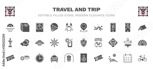 set of travel and trip filled icons. travel and trip glyph icons such as sun, , landmark, camping tent, shell, travel insurance, boarding pass, bellhop, train ticket, bike vector.