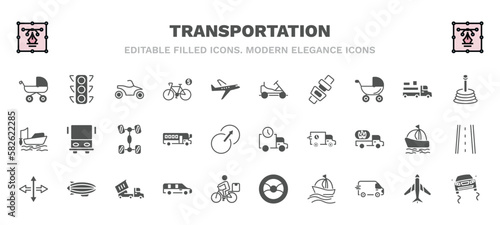 set of transportation filled icons. transportation glyph icons such as pram, quad bike, go kart, gearshift, chassis, shipping and delivery, movement, long car, sailing, slippy road vector.