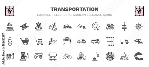 set of transportation filled icons. transportation glyph icons such as sail boat, diesel train, bobsleigh, ship wheel, cart with boxes, midget car, school bus stop, public transport, airport