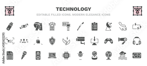 set of technology filled icons. technology glyph icons such as inclined pendrive, face shield, electronic cigarette, battery power, cad, security cam, big floppy disk, laptop frontal monitor, front