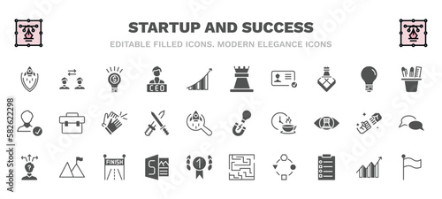 set of startup and success filled icons. startup and success glyph icons such as startup shield, entrepreneur, rook, stationery, clap, idea magnet, strategy choice, sway, adaptation, success flag