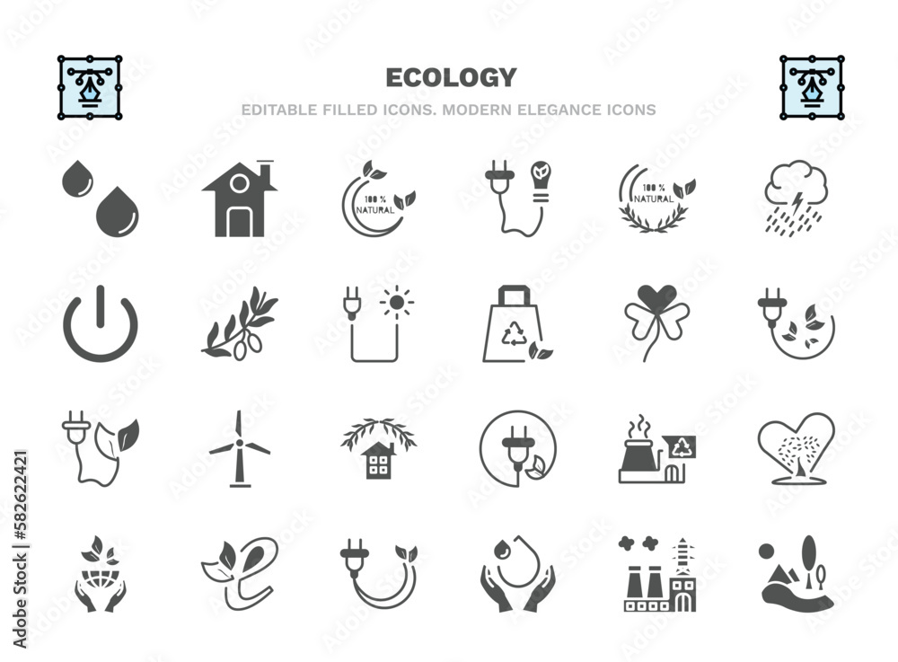 set of ecology filled icons. ecology glyph icons such as drop, 100 percent natural, 100 % natural badge, olives on a branch, shamrock, wind mills, recycling factory, eco e, save water, landscape