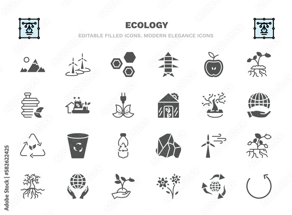 set of ecology filled icons. ecology glyph icons such as snowy mountains, eco power cells, half, eco industry, tree of love, recycle bin, wind energy, save the earth, two flowers, reload vector.