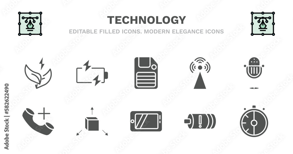 set of technology filled icons. technology glyph icons such as battery ...