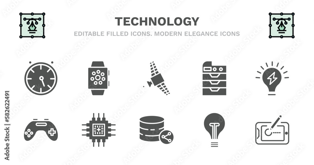 set of technology filled icons. technology glyph icons such as smart watch, satellite in orbit, photocopier, light on, wireless gadget, wireless gadget, big chip, circular database, old light bulb,