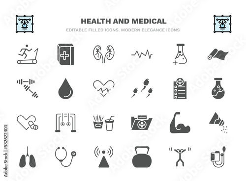 set of health and medical filled icons. health and medical glyph icons such as treadmill, urology, medical substance, blood, checklist, rings, biceps, phonendoscope, kettlebell, sphygmomanometer