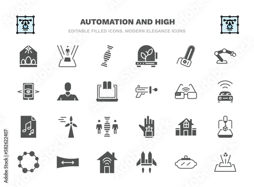 set of automation and high filled icons. automation and high glyph icons such as egg incubator, dna structure, chainsaw, avatar, smart glasses, eolic energy, residential, panoramic view, jetpack,