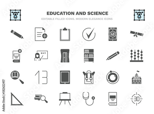 set of education and science filled icons. education and science glyph icons such as pencil, clipboard with a+, digital display 60, teacher with stick, geometric pencil, numbers, atomic orbitals,