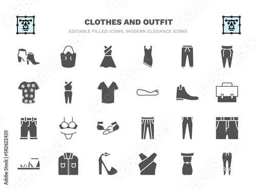set of clothes and outfit filled icons. clothes and outfit glyph icons such as ankle boots, long sleeveless dress, sweatpants, jumpsuit, leather chelsea boots, lingerine, slim fit pants, formal