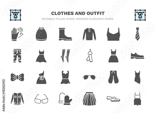 set of clothes and outfit filled icons. clothes and outfit glyph icons such as leather gloves, wool boots, draped top, long bandeau dress, drees, one shoulder dress, harem pants, cat eye glasses,