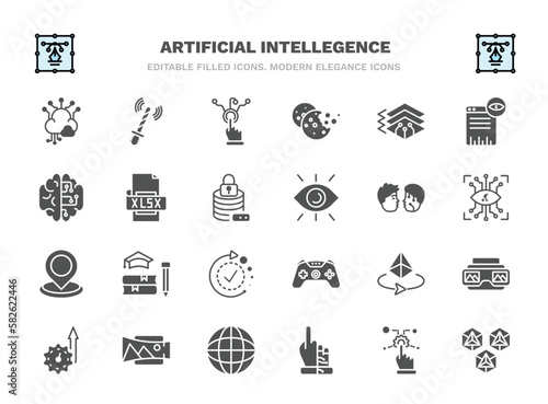 set of artificial intellegence filled icons. artificial intellegence glyph icons such as big data, interactivity, depth perception, xlsx, turing test, teaching, 3d, panorama, bionic, hexagons