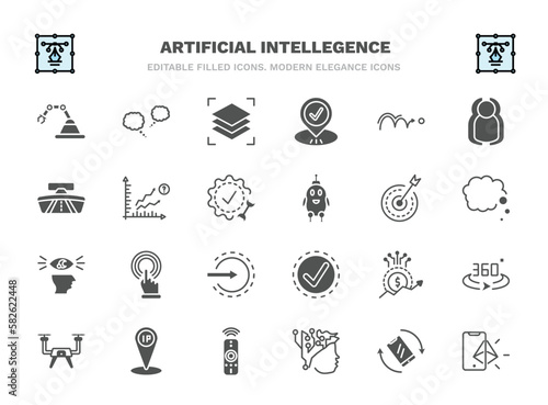 set of artificial intellegence filled icons. artificial intellegence glyph icons such as mechanical arm, layers, motion, prediction, goals, touch screen, value, ip, intelligence, ar vector.