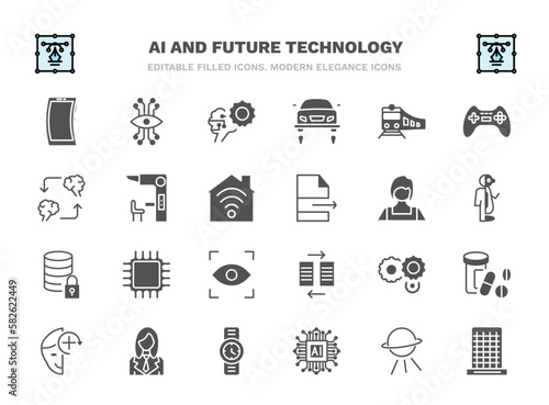 set of ai and future technology filled icons. ai and future technology glyph icons such as mobile flexible display, unsupervised learning, train, sensorama, shop assistant, cpu, processing, personal