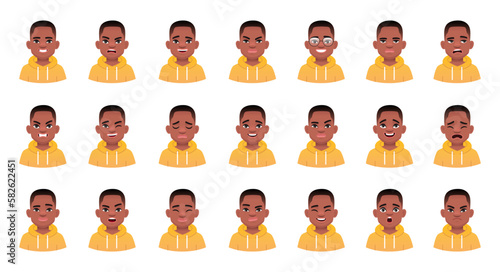 Set of different emotions of a cute black child. Facial expression of handsome african boy in yellow hoodie. Smile, happiness, anger, joy, surprise, fear, etc.