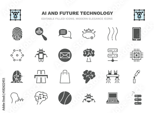 set of ai and future technology filled icons. ai and future technology glyph icons such as biometrics, speech, road, robots, servers, motorway, flyboard, future brain, robot assistant, data mining