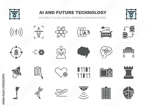 set of ai and future technology filled icons. ai and future technology glyph icons such as wireless charging, science, solar energy car, match moving, ai brain, evaluation, nano sensor, genetic