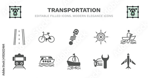 set of transportation filled icons. transportation glyph icons such as bicycle side view, shock breaker, ship wheel, boating, train front view, train front view, luxury yacht, sailing boat with
