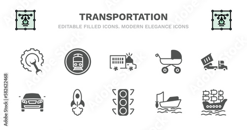 set of transportation filled icons. transportation glyph icons such as tram stop label, prison bus, pram, heavy vehicle, auto, auto, space rocket launch, car traffic, fishing boat, galleon vector.