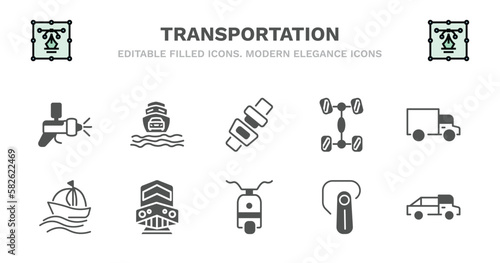 set of transportation filled icons. transportation glyph icons such as ferry carrying cars, seatbelt, chassis, trucking, sailing, sailing, diesel train, scooter bike, hands free device, midget car