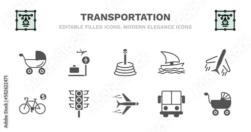 set of transportation filled icons. transportation glyph icons such as airport checking, gearshift, sailing boat, flights, bicycle rental, bicycle rental, semaphore, airplane flying, public