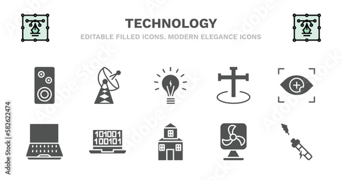 set of technology filled icons. technology glyph icons such as satellite station, light on, cross stuck in ground, contact lens, open laptop, open laptop, digitate, domestic, ventilator, electronic