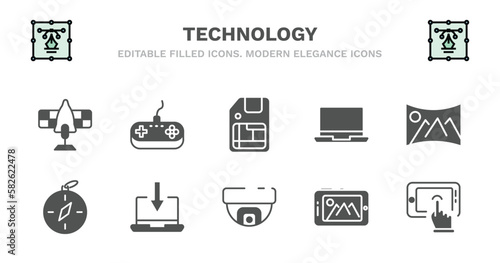 set of technology filled icons. technology glyph icons such as antique gamepad, big floppy disk, laptop frontal monitor, panoramic, basic compass, basic compass, received, surveillance camera,