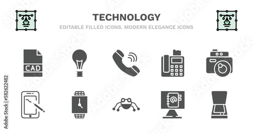 set of technology filled icons. technology glyph icons such as light bulb turned off, telephone receiver, telephone with fax, vintage digital camera, drawing tablet, drawing tablet, smart watch,