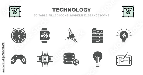 set of technology filled icons. technology glyph icons such as smart watch, satellite in orbit, photocopier, light on, wireless gadget, wireless gadget, big chip, circular database, old light bulb,
