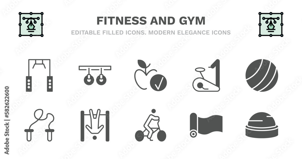 set of fitness and gym filled icons. fitness and gym glyph icons such as gymnastic rings, good diet, exercise bike, pilates ball, skipping rope, skipping rope, exercise hang bar, riding bicycle, mat set of fitness and gym filled icons. fitness and gym glyph icons such as gymnastic rings, good diet, exercise bike, pilates ball, skipping rope, skipping rope, exercise hang bar, riding bicycle, mat