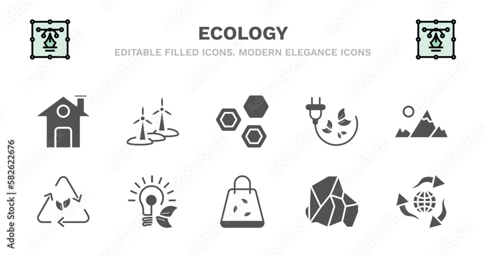 set of ecology filled icons. ecology glyph icons such as wind mill, eco power cells, eco energy power, snowy mountains, eco, bulb, bag, coal, recycling vector. set of ecology filled icons. ecology glyph icons such as wind mill, eco power cells, eco energy power, snowy mountains, eco, bulb, bag, coal, recycling vector.