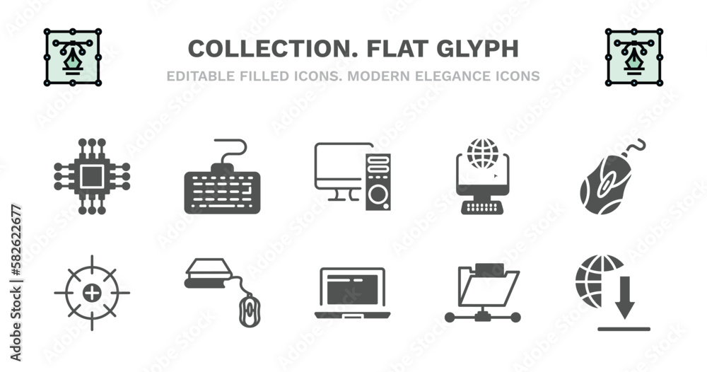 set of collection. flat glyph filled icons. collection. flat glyph glyph icons such as keyboard with cable, pc with monitor, surfing the net, computer mouse device, calibrate, calibrate, book and set of collection. flat glyph filled icons. collection. flat glyph glyph icons such as keyboard with cable, pc with monitor, surfing the net, computer mouse device, calibrate, calibrate, book and