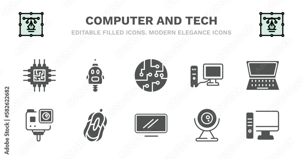 set of computer and tech filled icons. computer and tech glyph icons such as robotics, chips, work station, open laptop on, action camera, action camera, mouse device, monitor screen, round webcam,