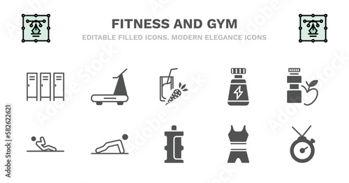 set of fitness and gym filled icons. fitness and gym glyph icons such as running hine, vegetables juice, phytonutrients, fitness food, abdominal exercises, abdominal exercises, pushups exercises,