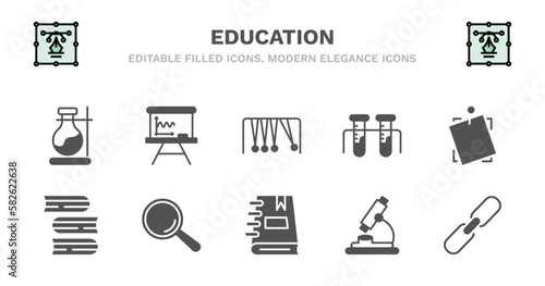set of education filled icons. education glyph icons such as writing whiteboard, newton cradle, chemical test tube, sticky note, stack of books, stack of books, magnification lens, notebook with