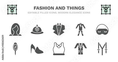 set of fashion and things filled icons. fashion and things glyph icons such as firefighter hat, suit with bow tie, working coverall, sleeping mask, mirrors, mirrors, hell, gym clothes, lab coat,
