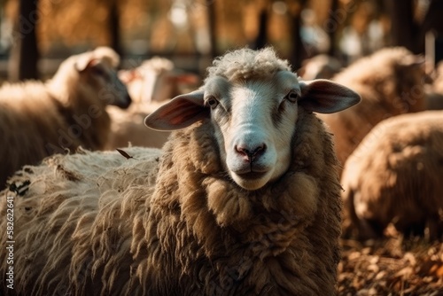 Sheep flock in the open zoo. Generative AI