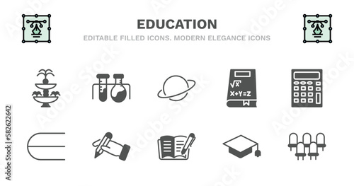 set of education filled icons. education glyph icons such as experimentation, planet saturn, math book, adding hine, is an element of, is an element of, write by hand, book with marker, graduation