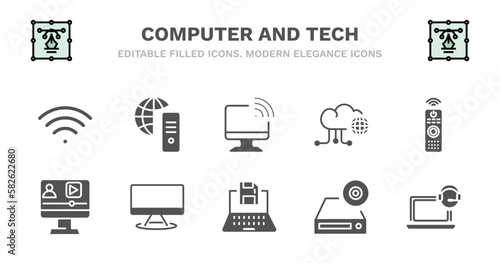 set of computer and tech filled icons. computer and tech glyph icons such as internet server, wireless connectivity, information network, tv controller, video lecture, video lecture, computers, save