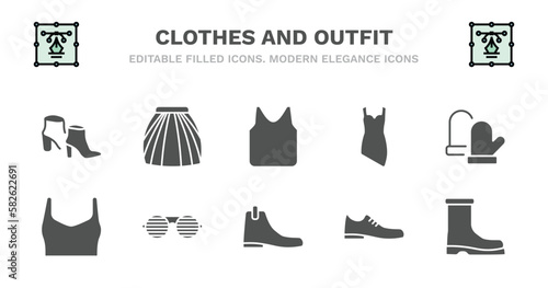 set of clothes and outfit filled icons. clothes and outfit glyph icons such as tulle skirt, jersey blazer, cocktail dress, wool gloves, draped top, draped top, shutter sunglasses, leather chelsea
