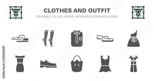 set of clothes and outfit filled icons. clothes and outfit glyph icons such as women socks, collarless cotton shirt, loafer, one shoulder dress, off the shoulder dress, off the shoulder dress,