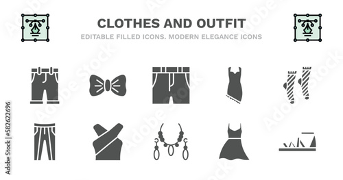 set of clothes and outfit filled icons. clothes and outfit glyph icons such as bow tie, denim shorts, jersey wrap dress, men socks, oxford wave suit pants, oxford wave suit pants, chiffon suffle