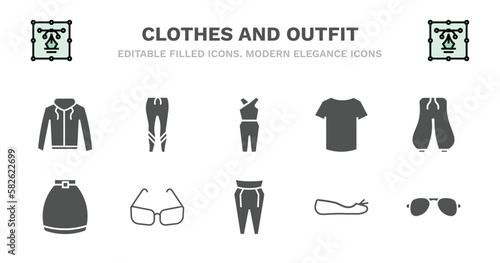 set of clothes and outfit filled icons. clothes and outfit glyph icons such as leggins, jumpsuit, cotton polo shirt, harem pants, circle skirt, circle skirt, cat eye glasses, pegged pants, flat