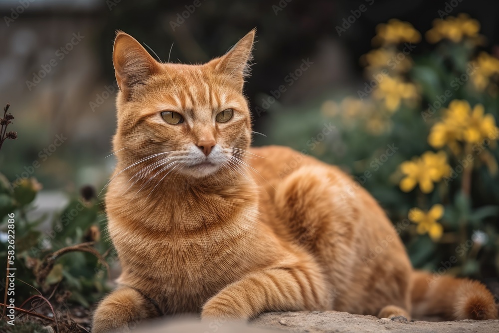 Beautiful ginger cat in garden portrait. Generative AI