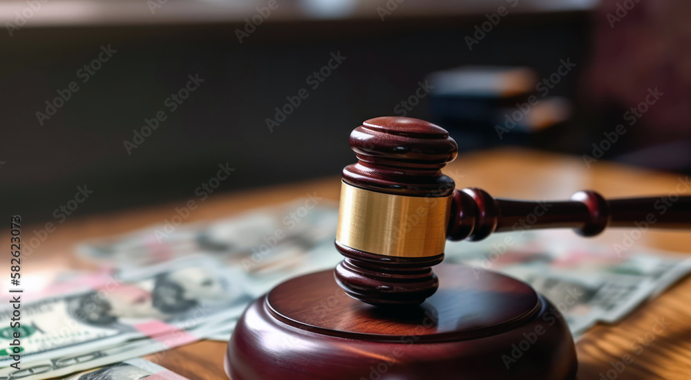 Law and financial crime concept. Judge gavel and money banknotes on wooden table. Bribe concept. Generative AI Law and financial crime concept. Judge gavel and money banknotes on wooden table. Bribe concept. Generative AI