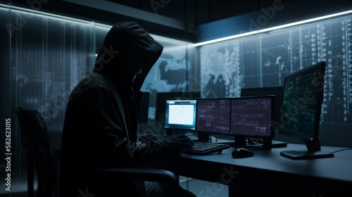 Hacker in front of a computer screen. Hacking a server. Cybersecurity, Cyber awareness, Cyber training. Generative AI.