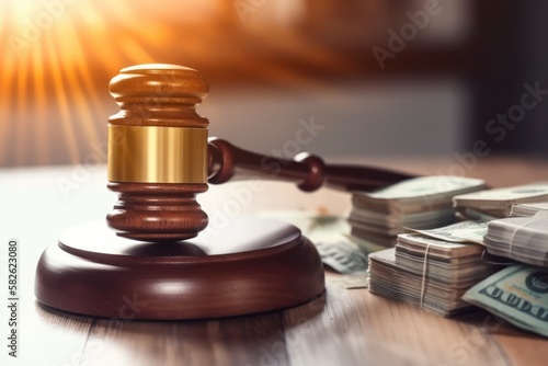 Wallpaper Mural Law and financial crime concept. Judge gavel and money banknotes on wooden table. Bribe concept. Generative AI Torontodigital.ca