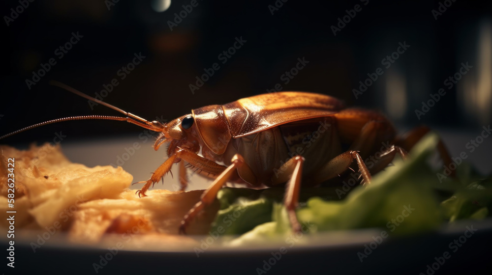Cockroach eating food off a plate in a restaurant. Food safety